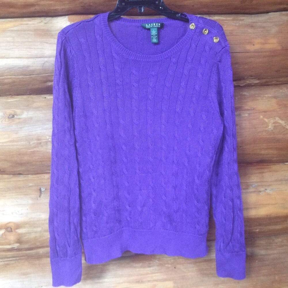 Lauren Ralph Lauren Purple Cable Knit Crewneck Sweater with Gold Buttons